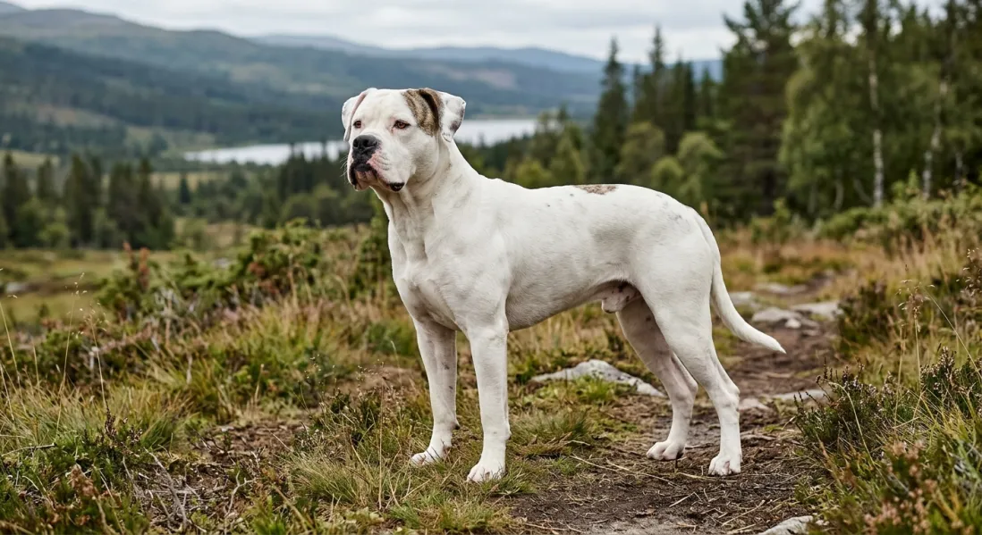 Amerikansk bulldog stående udendørs med hele kroppen synlig