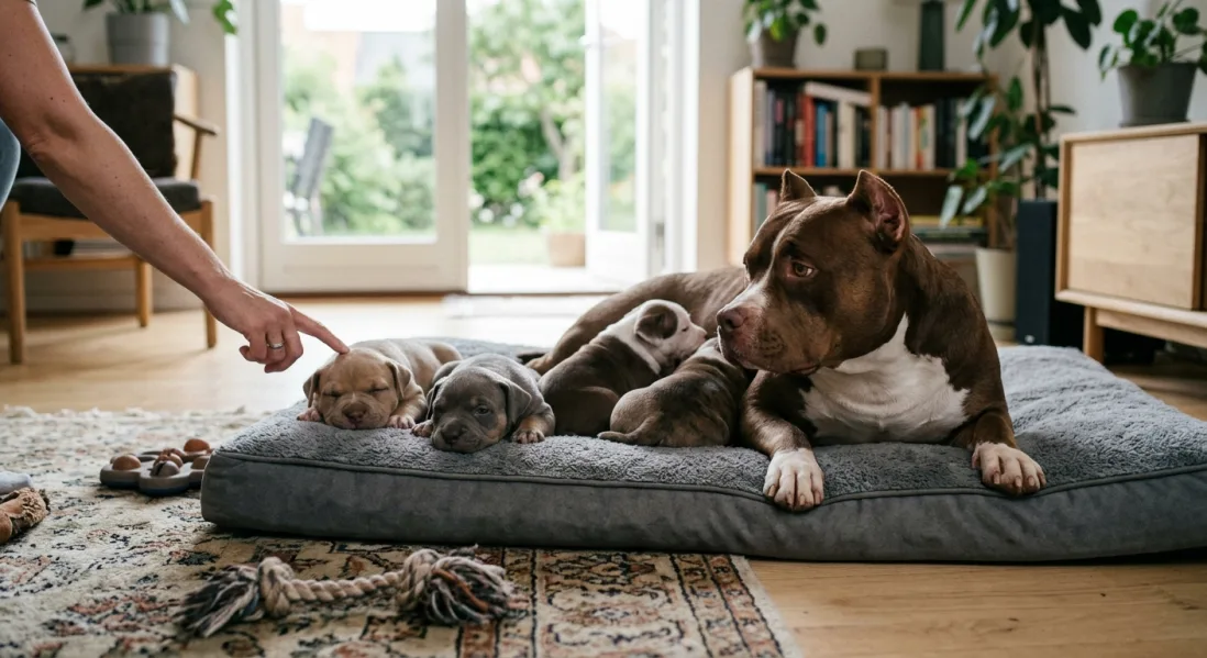 American Bully mor hund ligger med sine hvalpe på en stor hundeseng i et almindeligt dansk hjem, mens en hånd rækker ud.