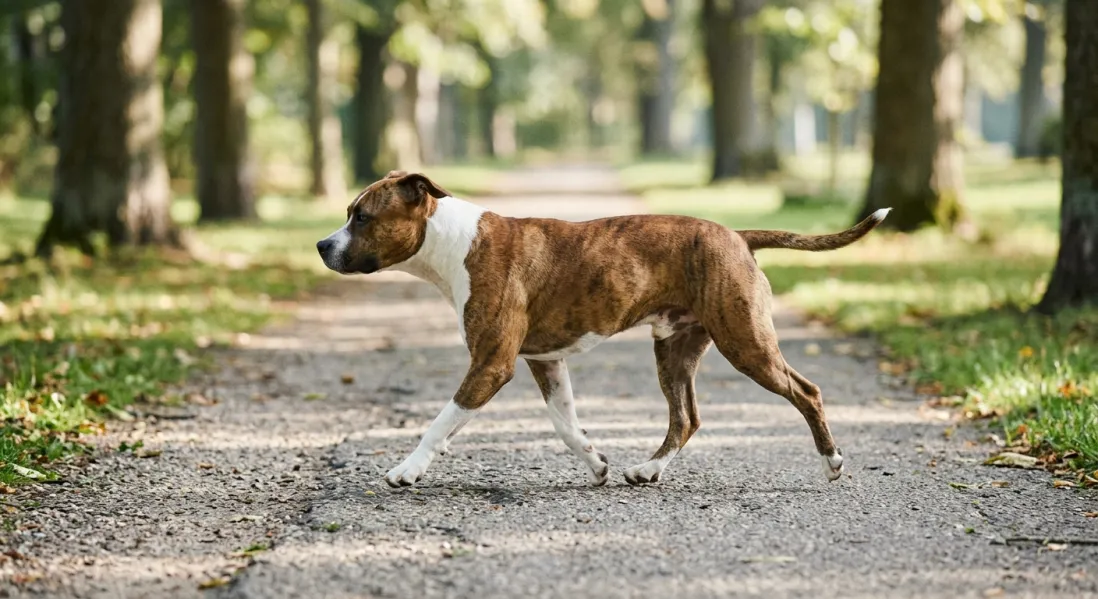 Amerikansk staffordshire terrier i fri, energisk gang på en parksti.