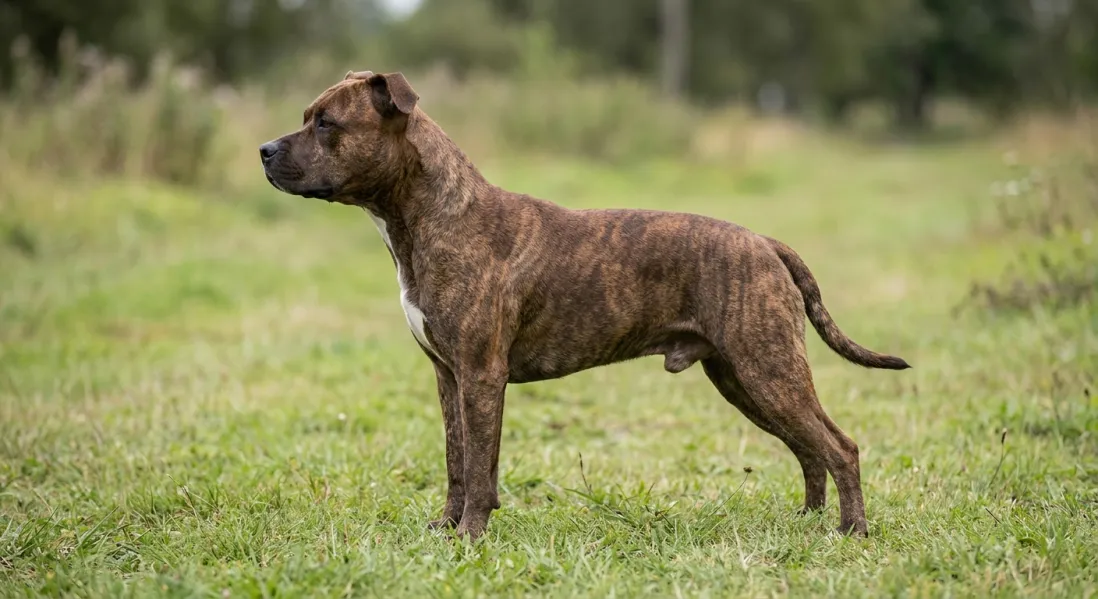 amerikansk staffordshire terrier stående fra siden med kort brindlet pels.