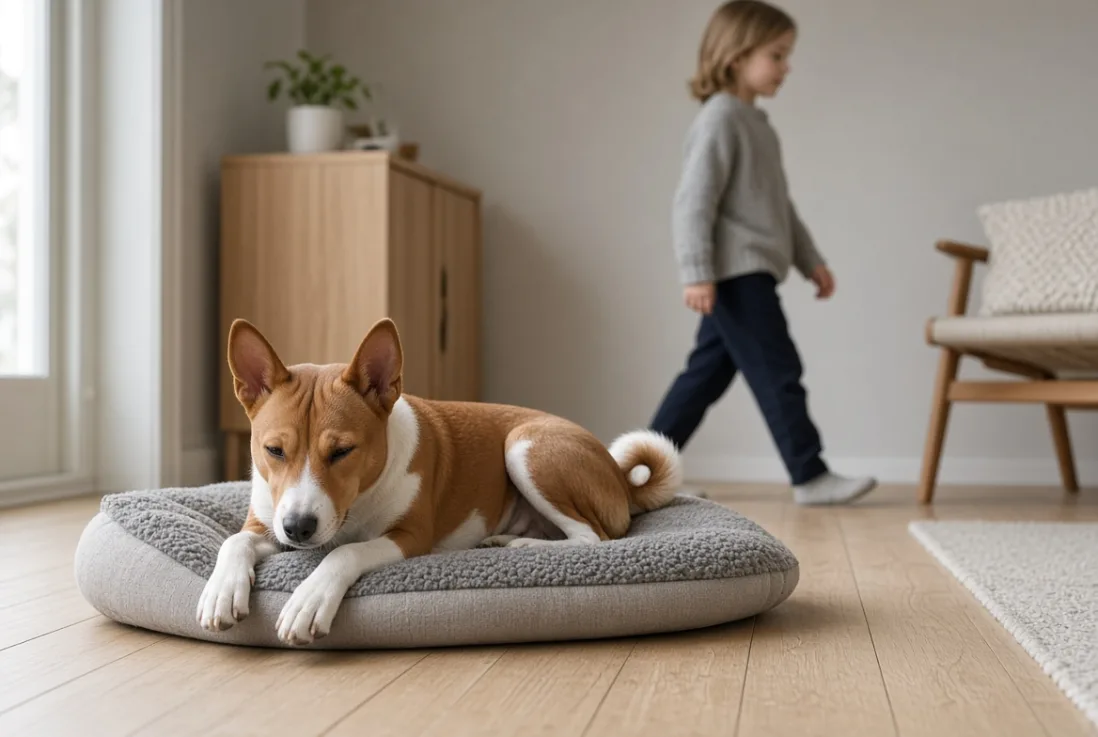 Basenji deltog i rolig targettræning med et barn i dansk park