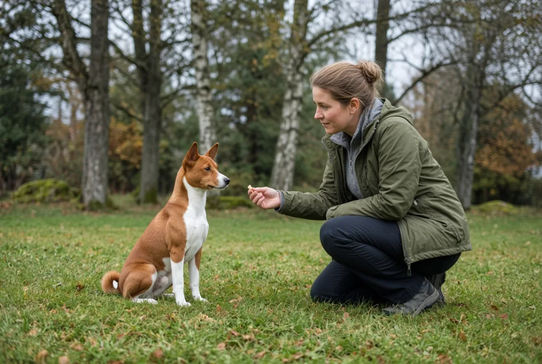 Basenji i rolig belønningsbaseret træning med førstegangsejer i park