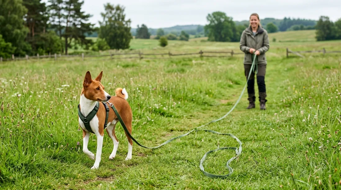 Basenji i sele og lang line vender sig opmærksomt om mod sin ejer på et grønt område Billedtekst: En lang line er et fremragende værktøj til at træne indkald og give din Basenji frihed, uden at du mister kontrollen.