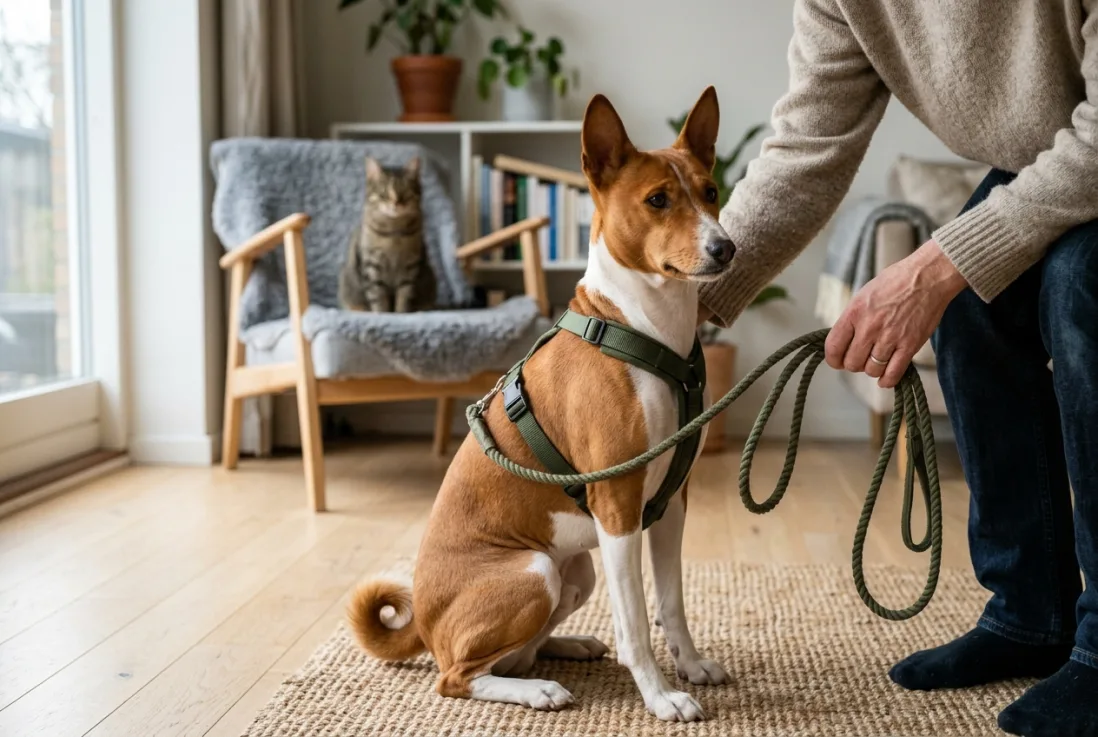 Basenji i snor sidder roligt indendørs mens en kat betragter den fra en stol i baggrunden