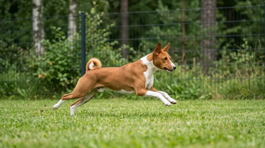 Basenji løber frit og afslappet rundt i et stort indhegnet grønt naturområde