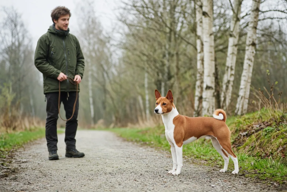 Basenji på dansk natursti med førstegangsejer i rolig kontakt