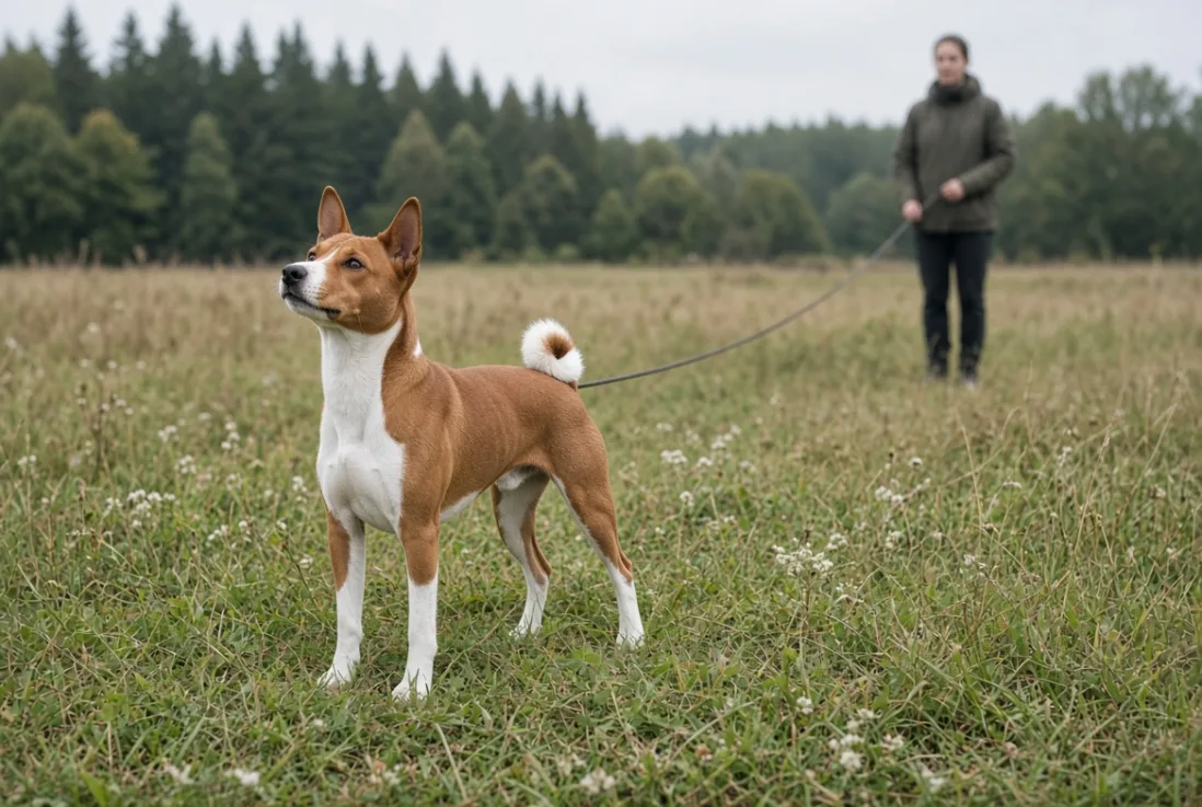 Basenji på lang line i åbent græsareal under kontrolleret træning