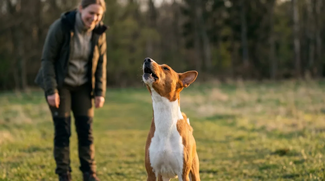 Basenji står på en græseng og ydler med hovedet tilbage, mens en person observerer.