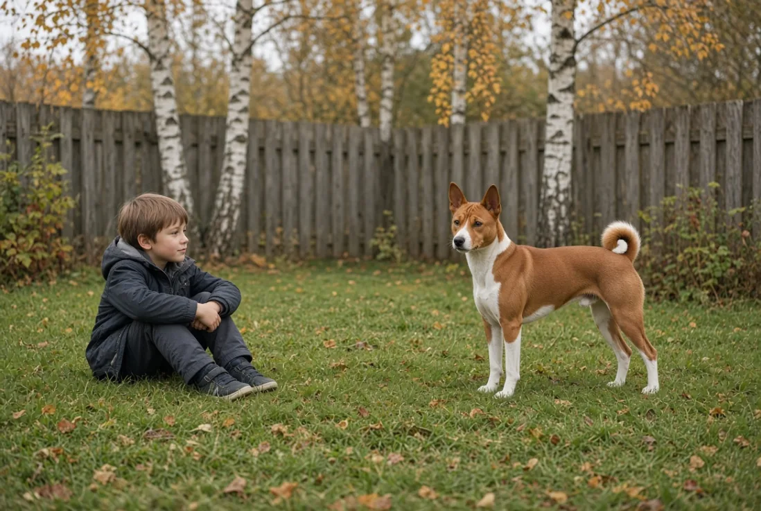 Basenji står roligt i dansk have mens et barn sidder respektfuldt i nærheden