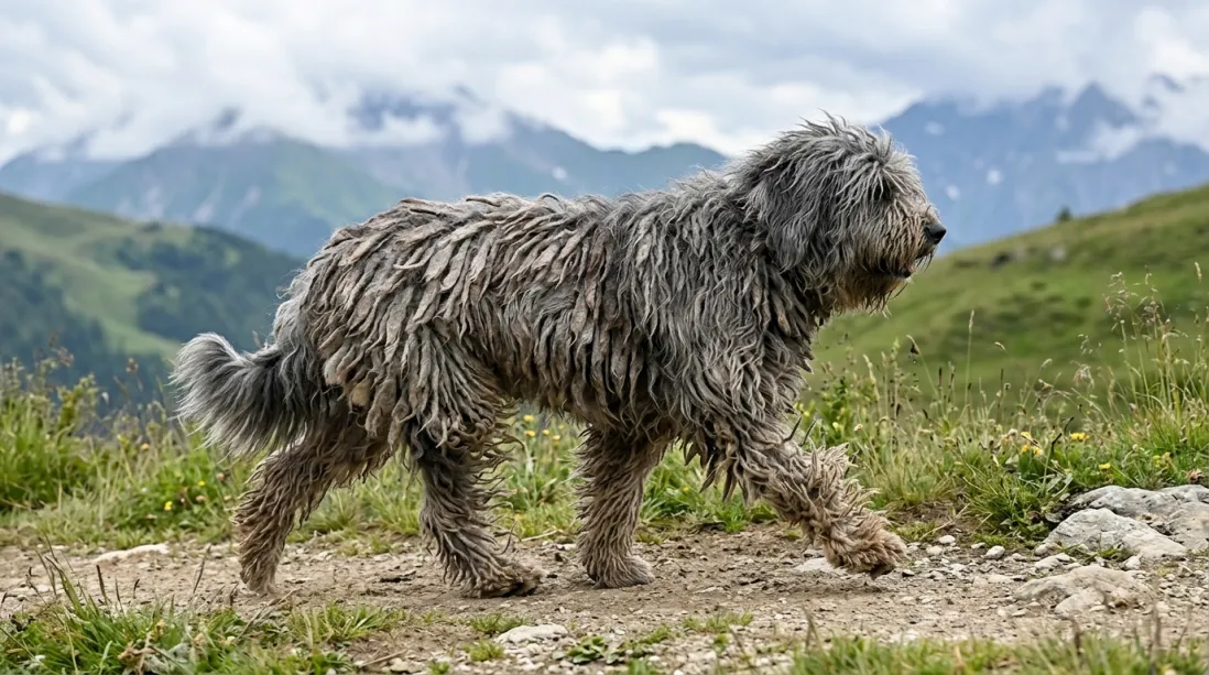 Bergamasco i bevægelse på en sti i italiensk bjerglandskab.