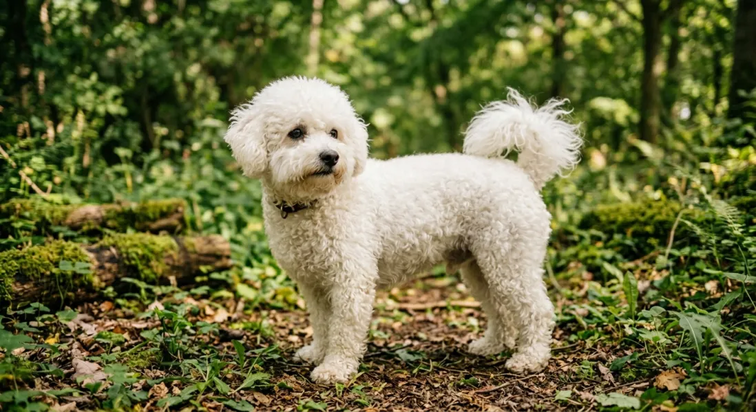 Hvid Bichon frisé står i helfigur på græs med krøllet pels og halen båret over ryggen.