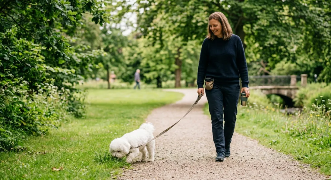 Bichon frisé går tur i en grøn park og snuser til græsset.