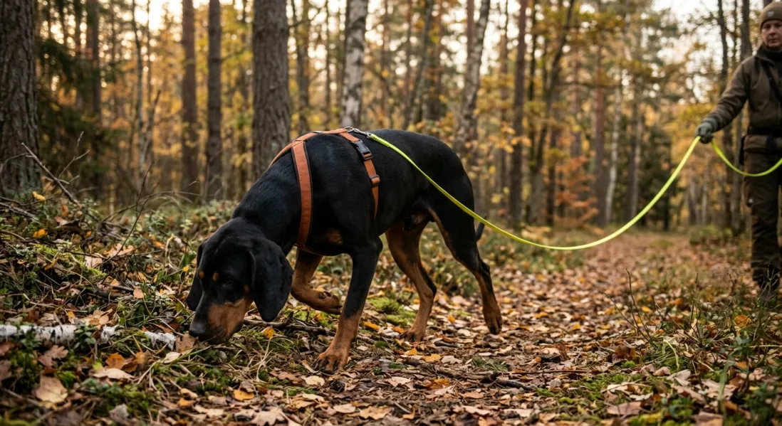 Black and Tan Coonhound følger et spor i lang line i skoven