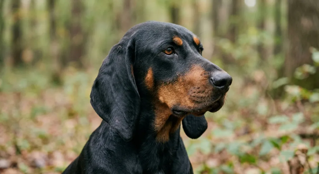Black and Tan Coonhound med lange hængeører og rustrøde aftegninger over øjnene