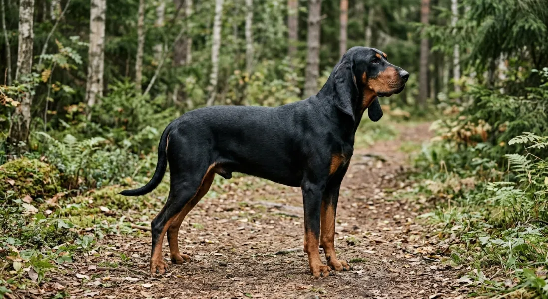 Black and Tan Coonhound stående fra siden på en skovsti