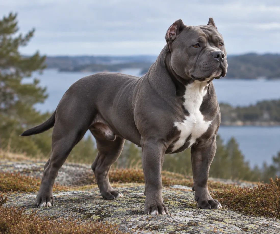 Blue American Bully med blågrå kort pels i naturligt dagslys