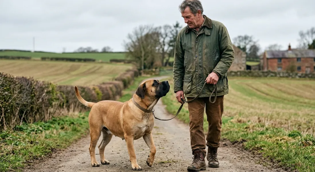 Boerboel i kontrolleret træning med voksen hundefører