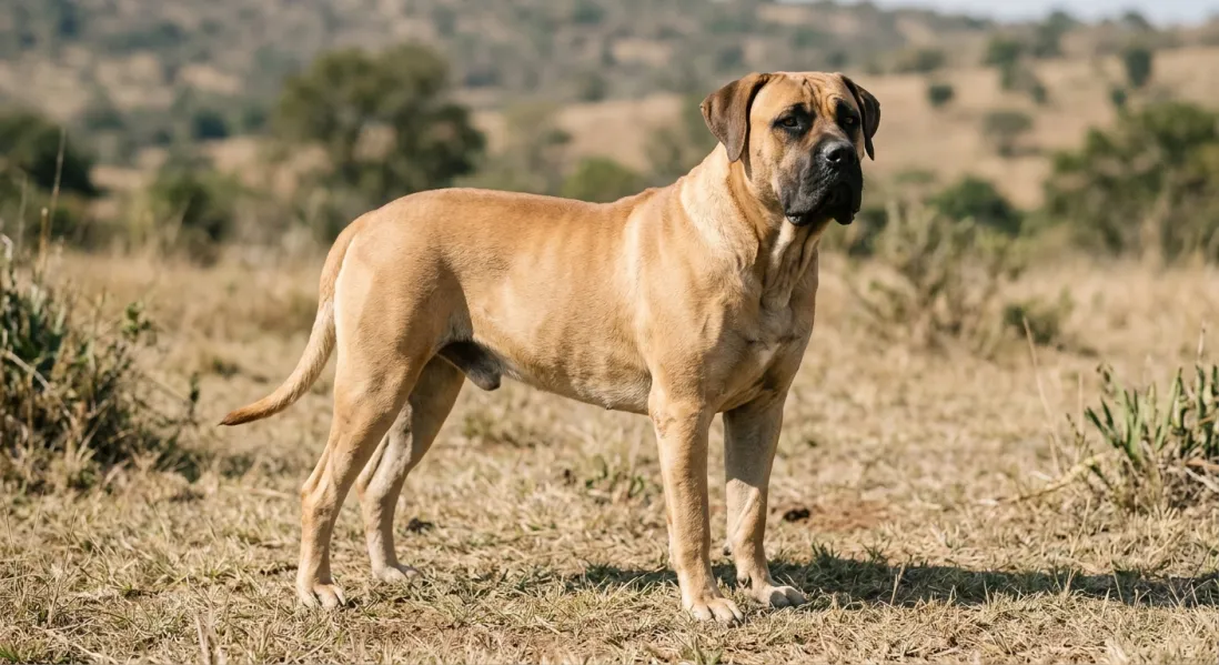 Boerboel stående udendørs med hele kroppen synlig