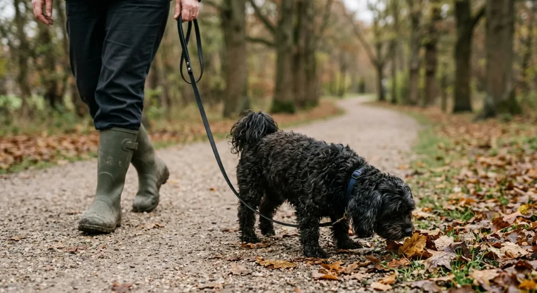 Bolonka Zwetna på en rolig gåtur i snor i en dansk park.