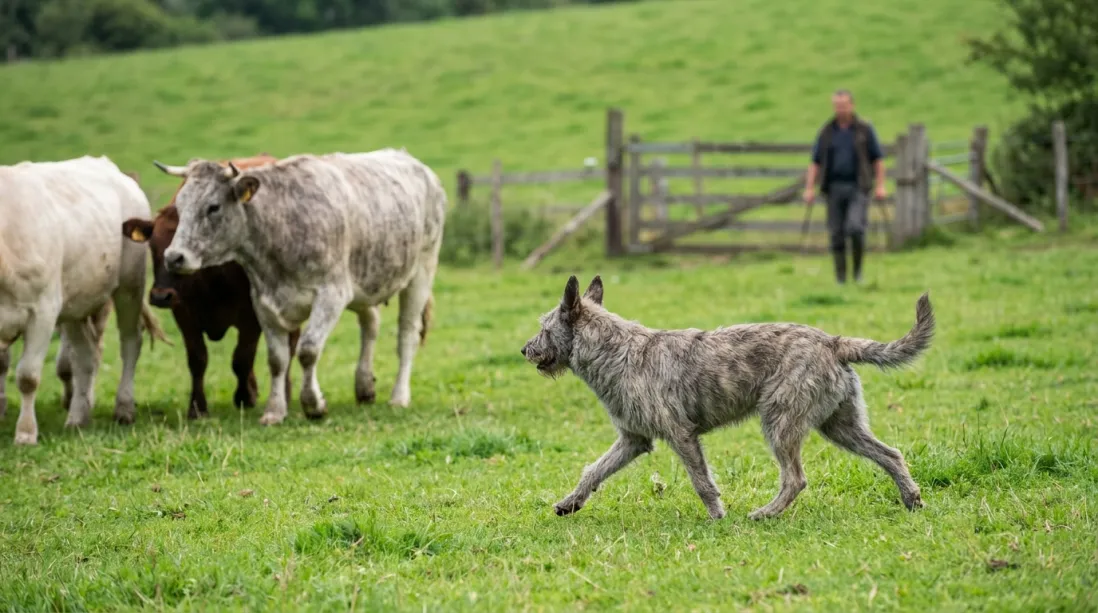 Bouvier des Ardennes arbejder med kvæg på mark under opsyn