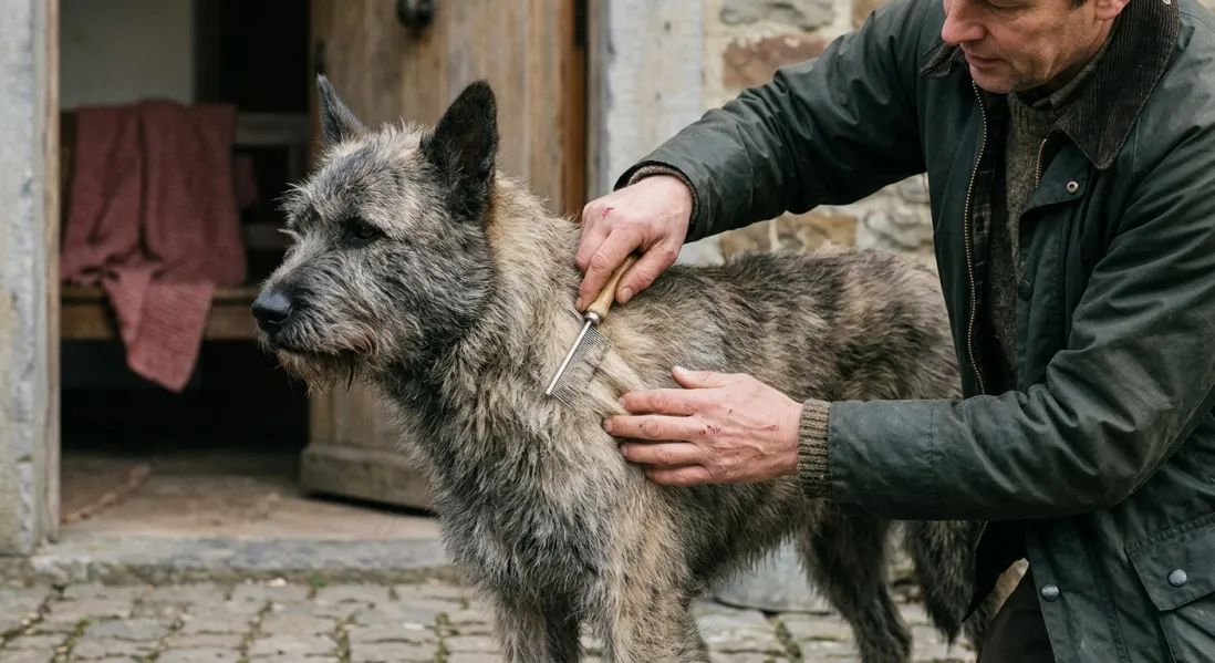 Bouvier des Ardennes får børstet sin tætte og grove dobbeltpels