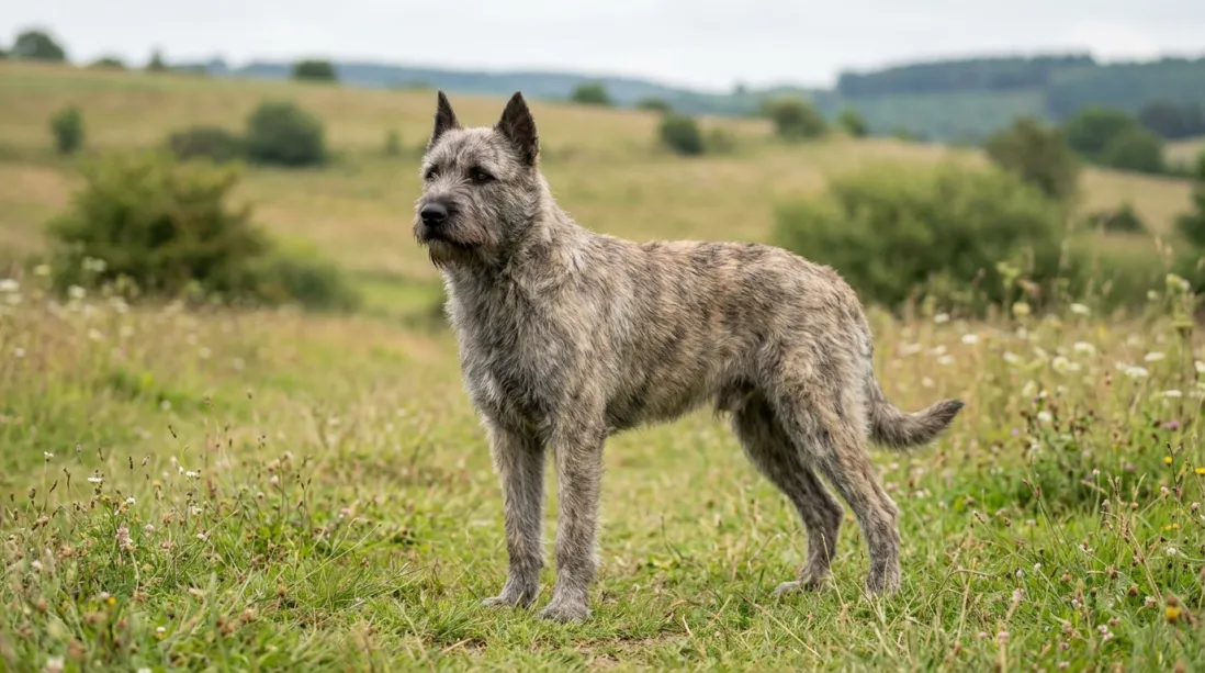 Bouvier des Ardennes med gråbrun ruhåret pels stående på eng