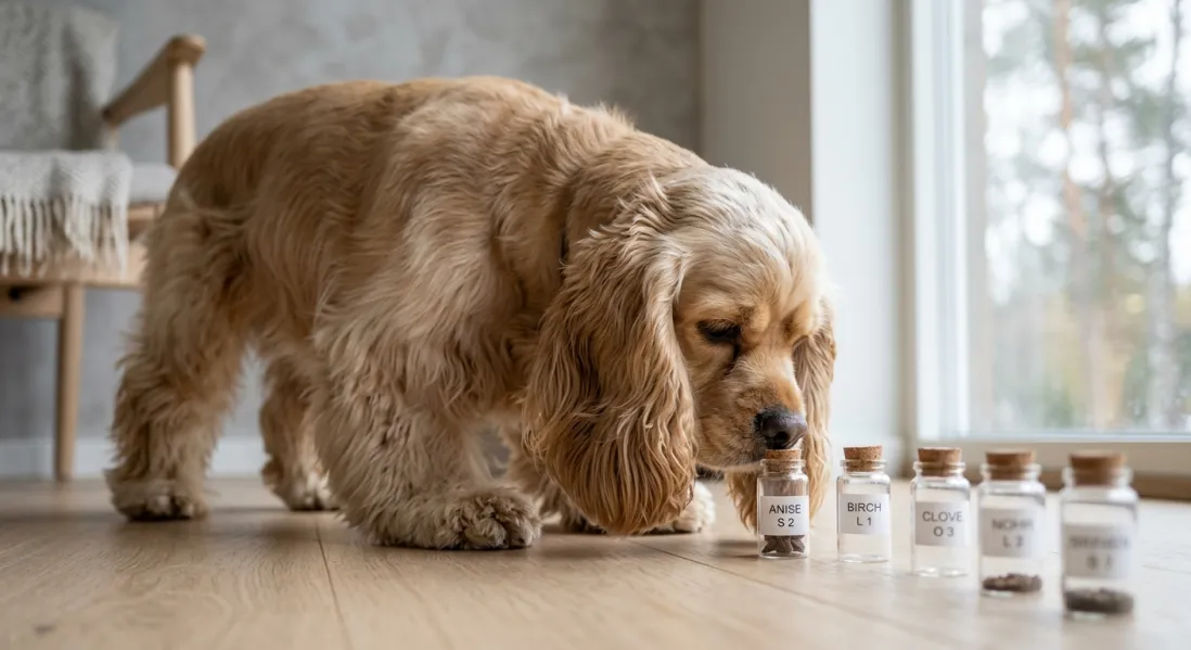 Buff-farvet Amerikansk Cocker Spaniel laver nosework og snuser koncentreret til en beholder.