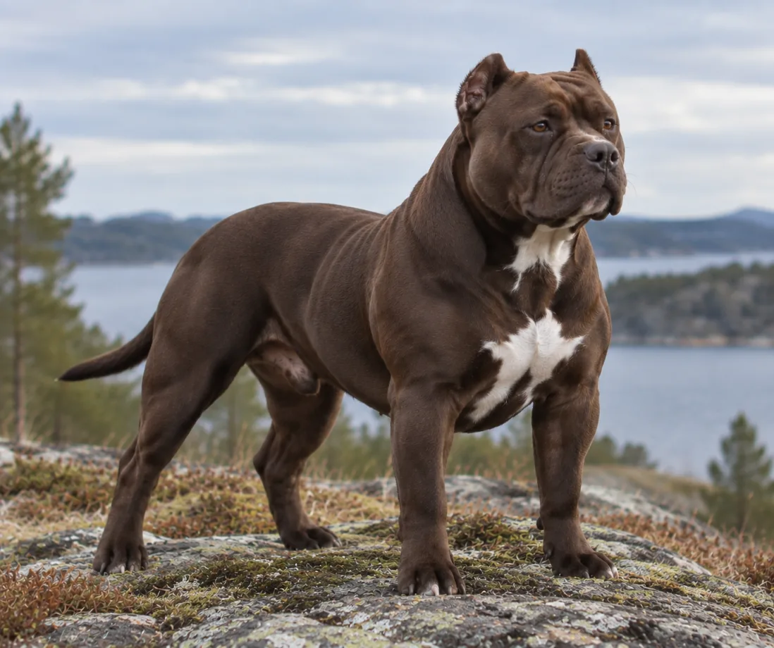 Chocolate American Bully med brun kort pels i naturligt dagslys