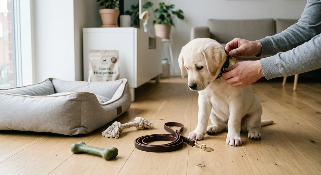 Nysgerrig gul Labrador Retriever hvalp på lyst trægulv i skandinavisk hjem, der udforsker sin nye hundeseng, halsbånd, line og legetøj.