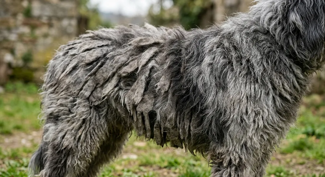 Detalje af brede, flade filtbånd i pelsen på en Bergamasco.