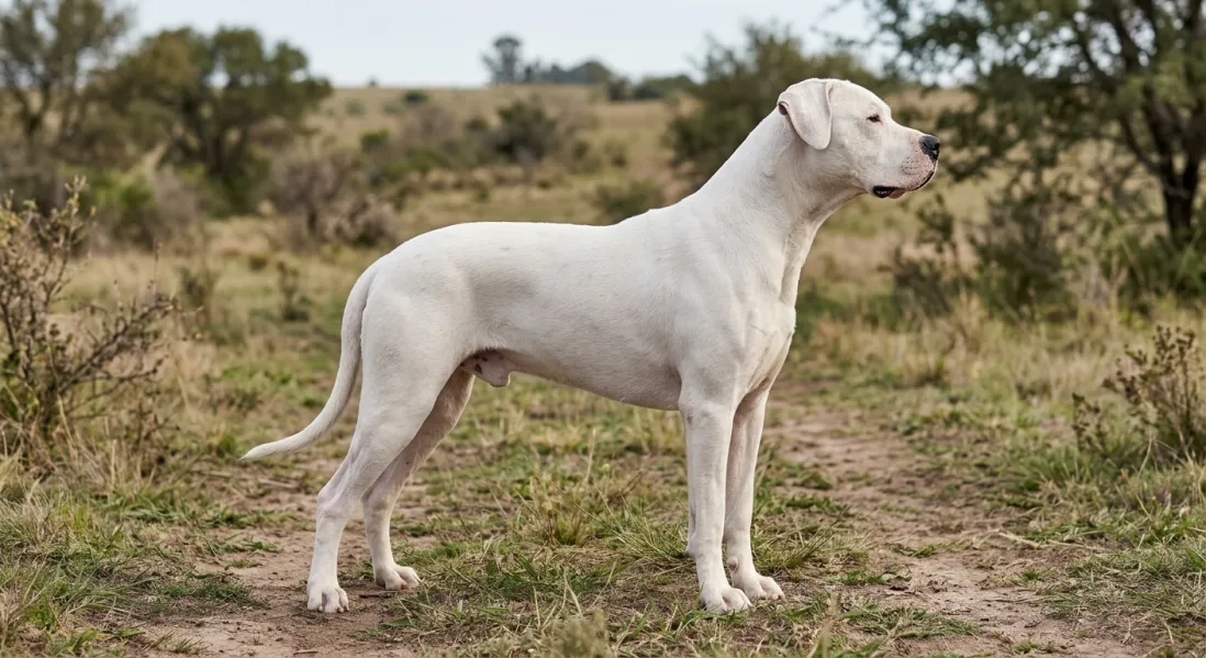 Dogo Argentino set fra siden med kraftig og atletisk kropsbygning