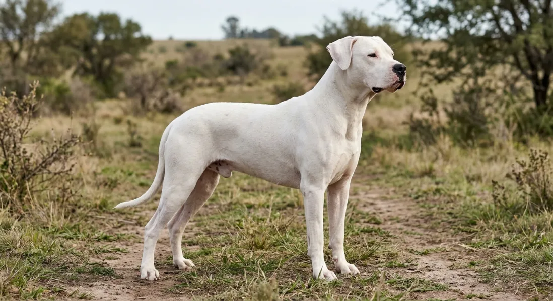 Dogo Argentino stående udendørs med hele kroppen synlig