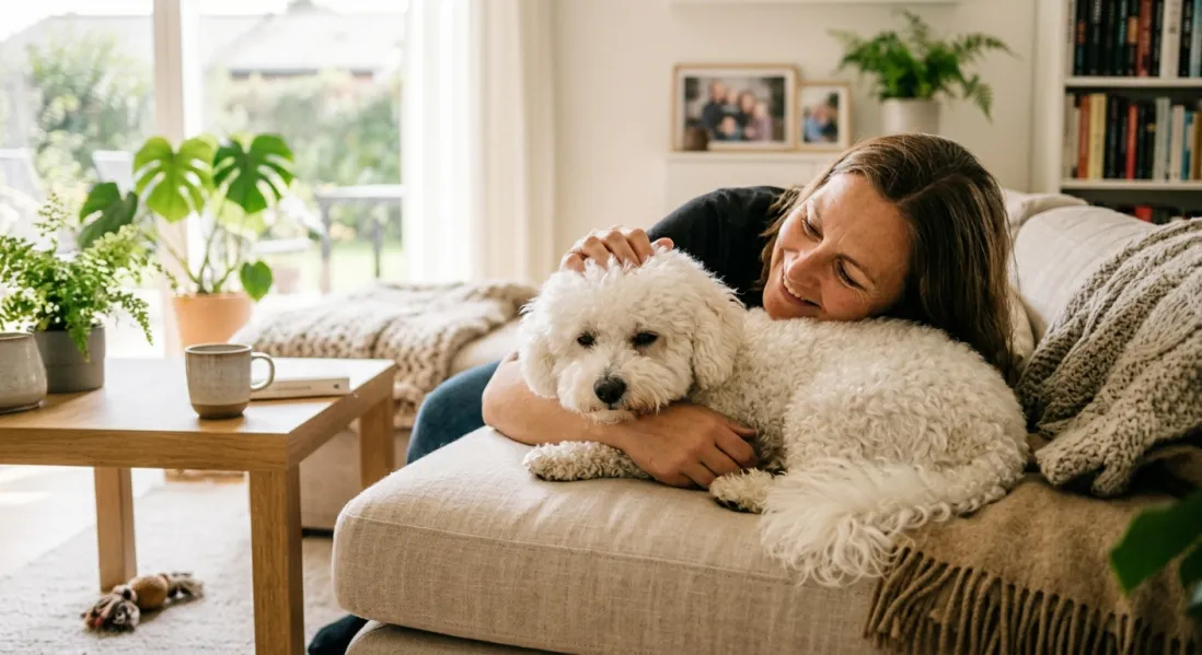 Bichon frisé ligger tæt ved sin ejer i sofaen i et lyst hjem.