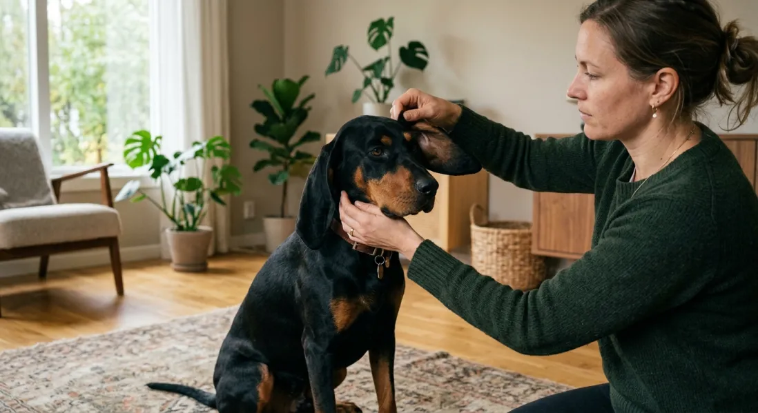 Ejer kontrollerer forsigtigt øret på en Black and Tan Coonhound