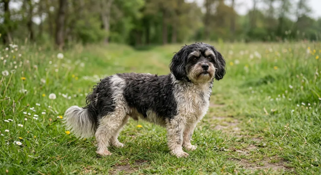 Eksempel på Boomer-blanding mellem malteser og shih tzu stående på græs
