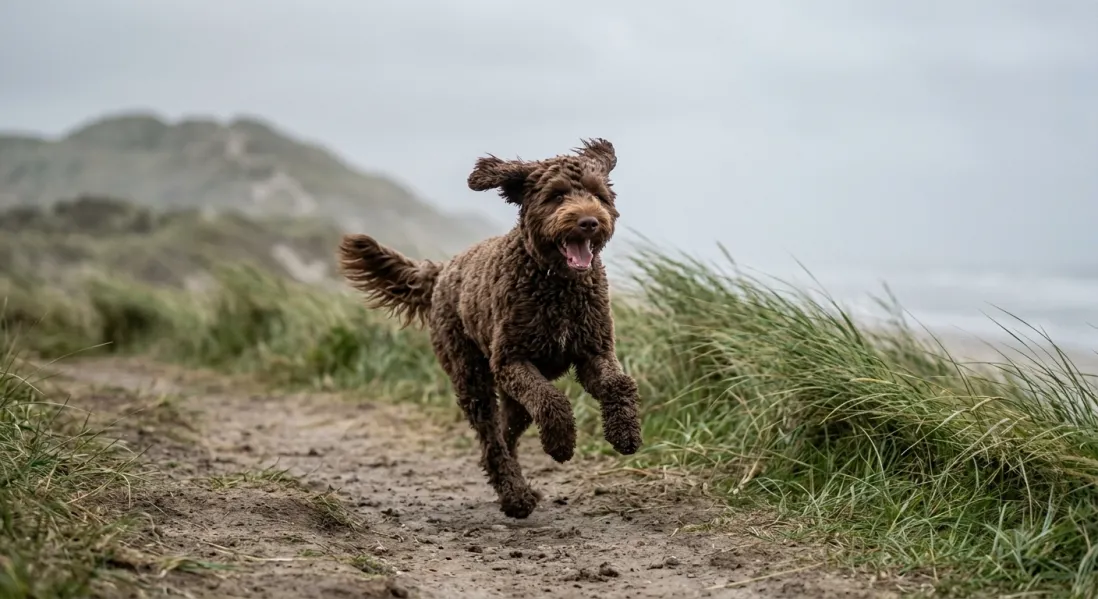En aktiv chokoladebrun Australian Labradoodle løber med stor glæde langs en sti i klitterne ved Vesterhavet.