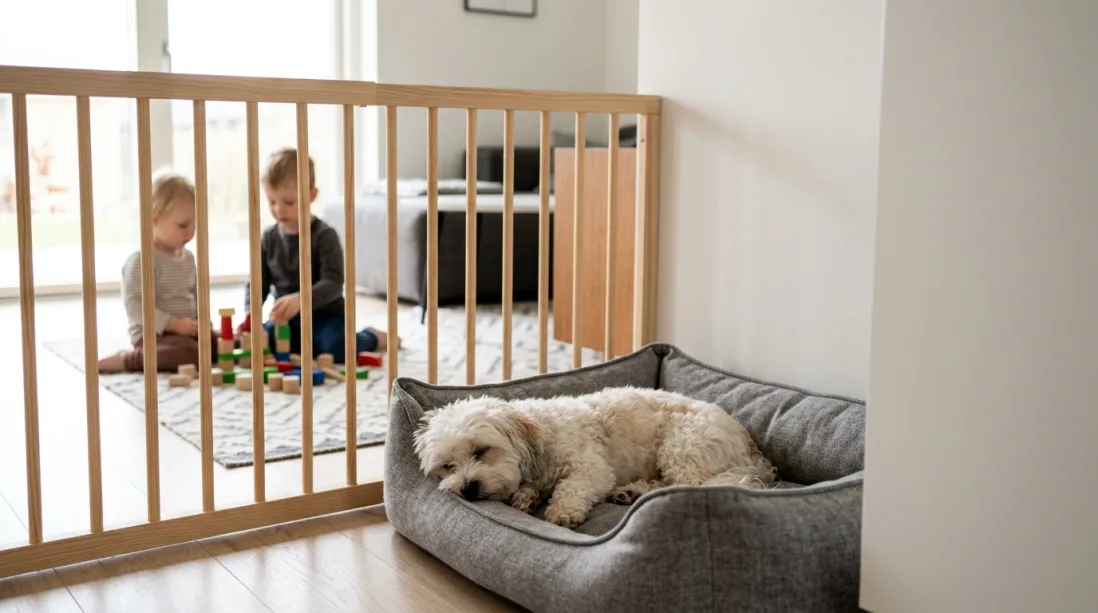 En Bichon Havanais sover trygt i sin kurv bag en hundelåge i et roligt hjørne af en stue.