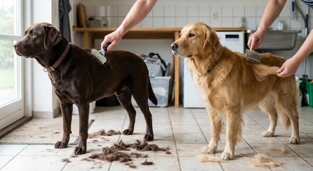 En chokoladebrun Labrador Retriever og en Golden Retriever børstes for at vise forskellen i fældning og pelsplejebehov.