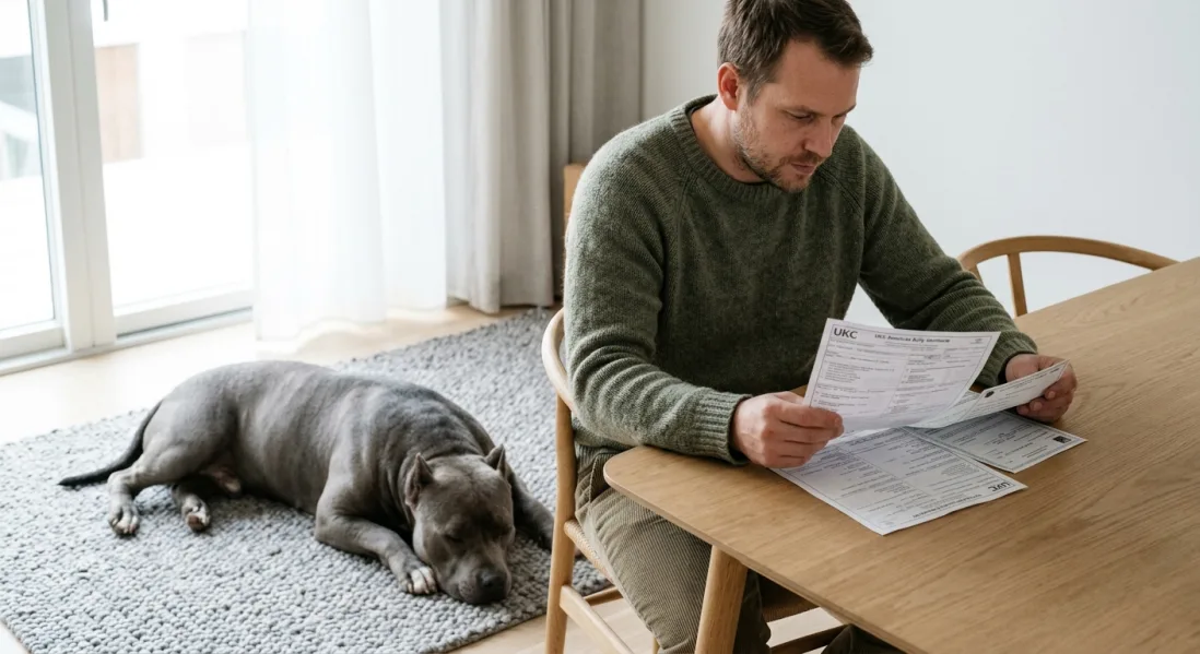 En dansk mand sidder ved et bord og gennemgår stamtavle og chipcertifikat for sin rolige grå American Bully XL hund.