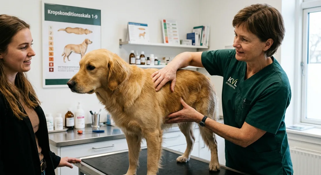 En dyrlæge foretager en professionel huldvurdering ved at mærke på ribbenene af en voksen gul Labrador Retriever i en klinik.