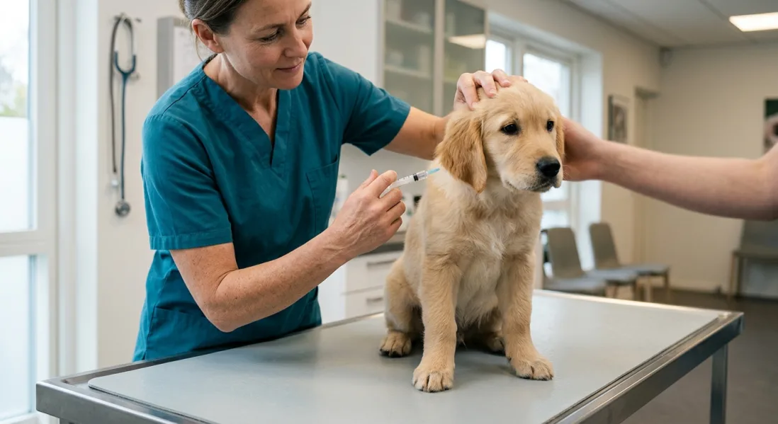 En dyrlæge vaccinerer en rolig Golden Retriever hvalp på et undersøgelsesbord i en klinik