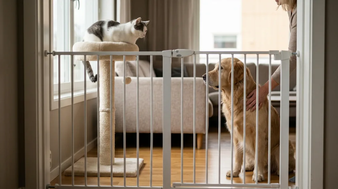 En familiehund (Golden Retriever) står roligt i en lys stue sammen med en glad lille dreng og en kat, der vasker sig på et tæppe.