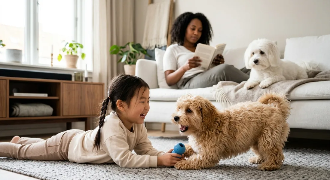 En fawn-farvet Bichon Havanais leger aktivt med et barn, mens en hvid Coton de Tuléar sidder roligt ved en voksen.