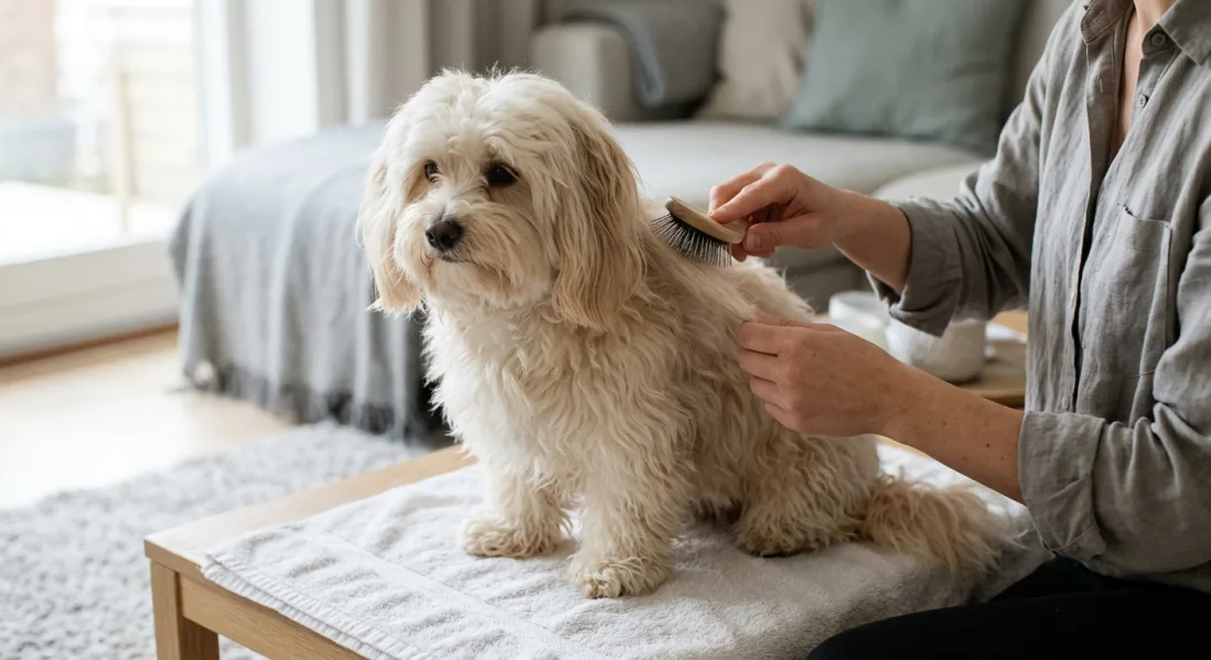 En hånd børster omhyggeligt en Bichon Havanais' lange, bløde pels.