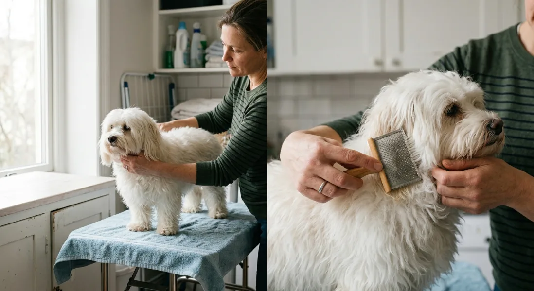 En hånd holder en børste og plejer den tætte hvide pels på en rolig Bichon Havanais hund, der står på et bord.