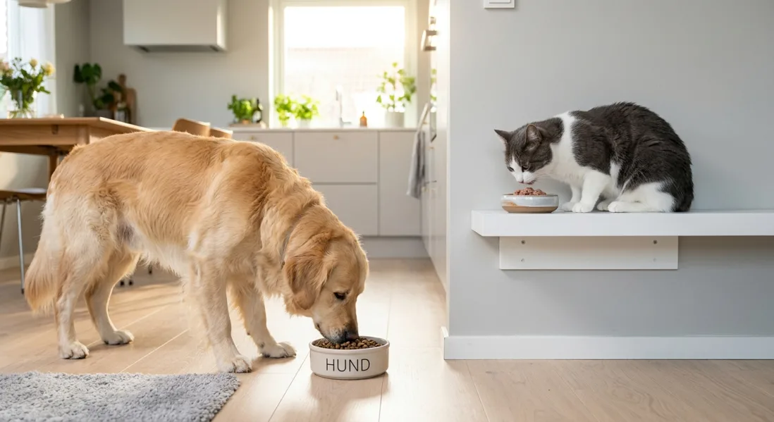 En hund (Golden Retriever) spiser fra en skål på gulvet, mens en kat spiser fra en forhøjet skål, som hunden ikke kan nå, i et køkken.
