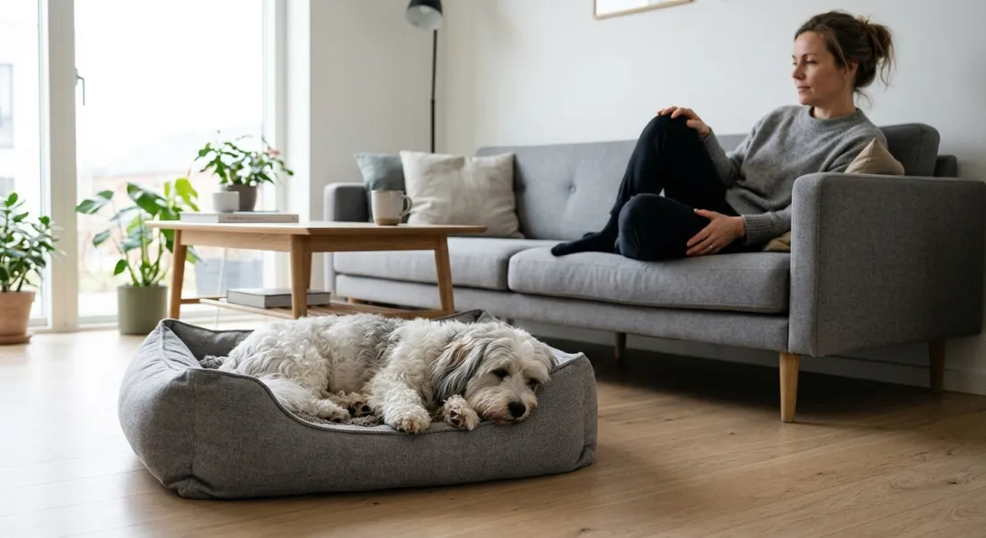 En hvid og grå Bichon Havanais hviler roligt på sin kurv, mens en person sidder på en sofa på afstand i stuen.