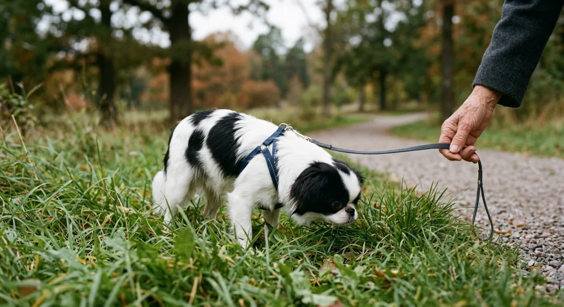 En Japanese Chin i sele snuser koncentreret i græsset ved en grussti under en gåtur.