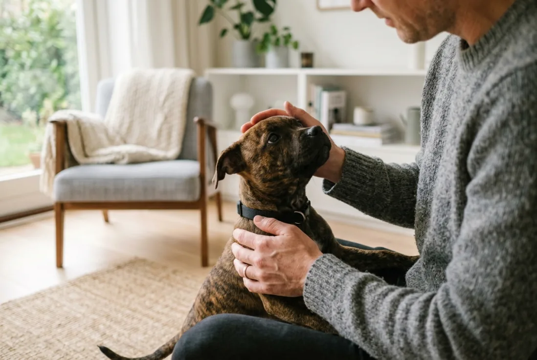 En kommende ejer hilser på en Staffordshire Bull Terrier hvalp i et trygt hjemligt miljø.