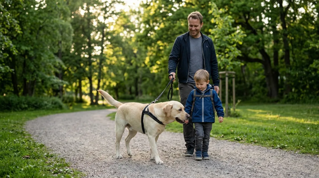 En Labrador Retriever går i snor sammen med en voksen og et barn på en sti i en park.
